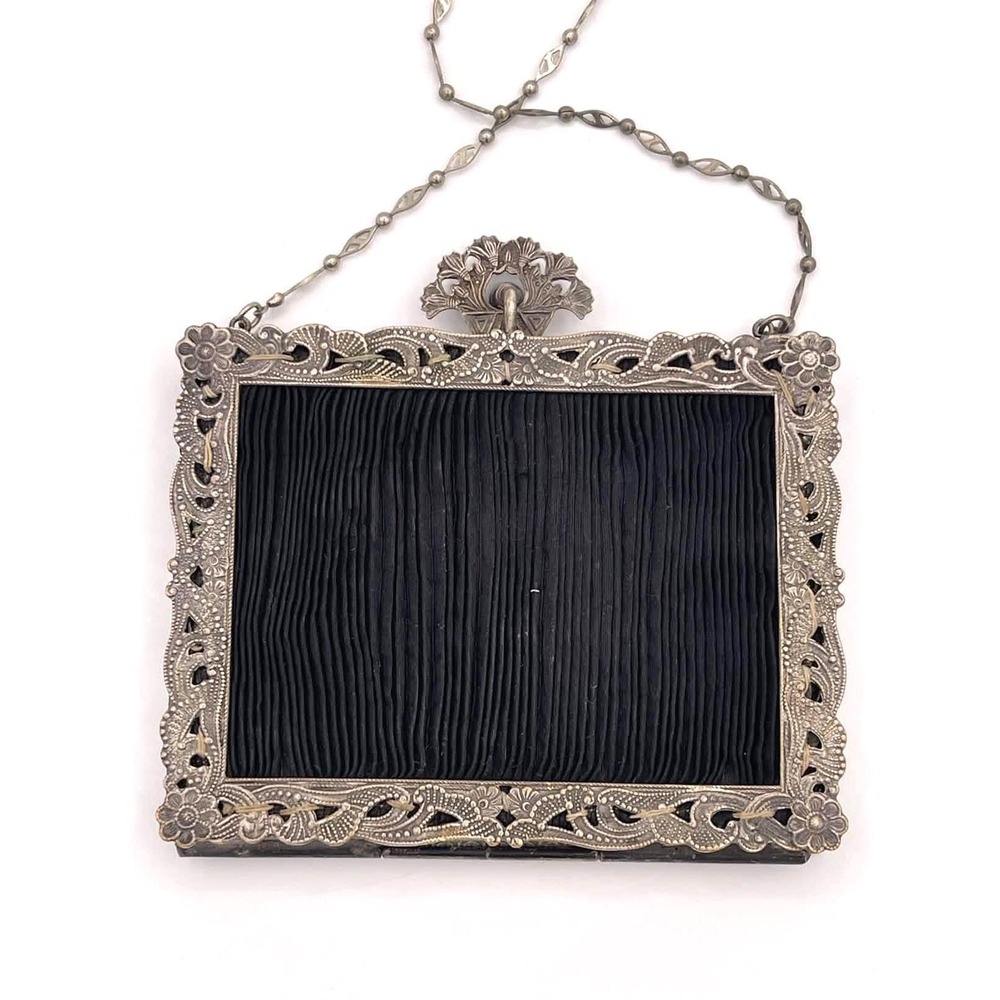 Antique Art Nouveau Silver Tone Chatelaine Purse w Mirror Frame